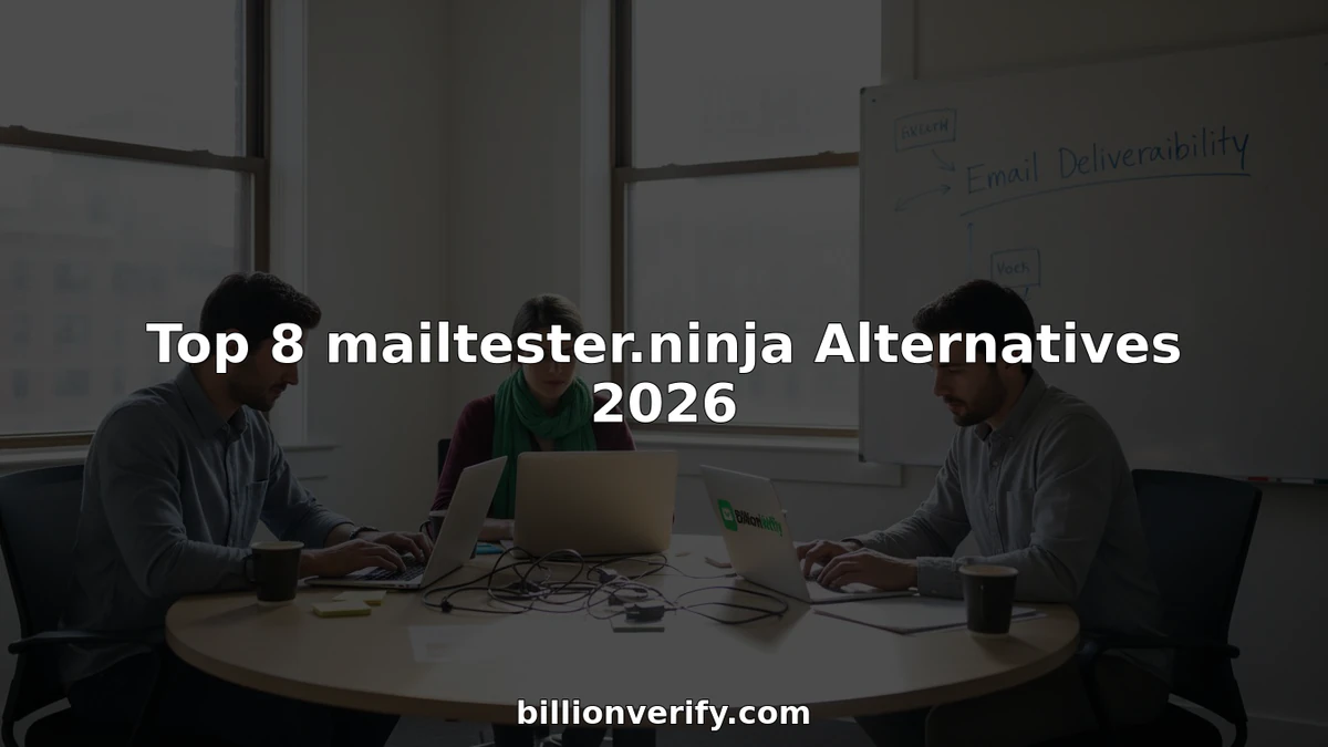 Três colegas em laptops ao lado de um quadro branco sob o título “Top 8 MailTester alternatives 2026”
