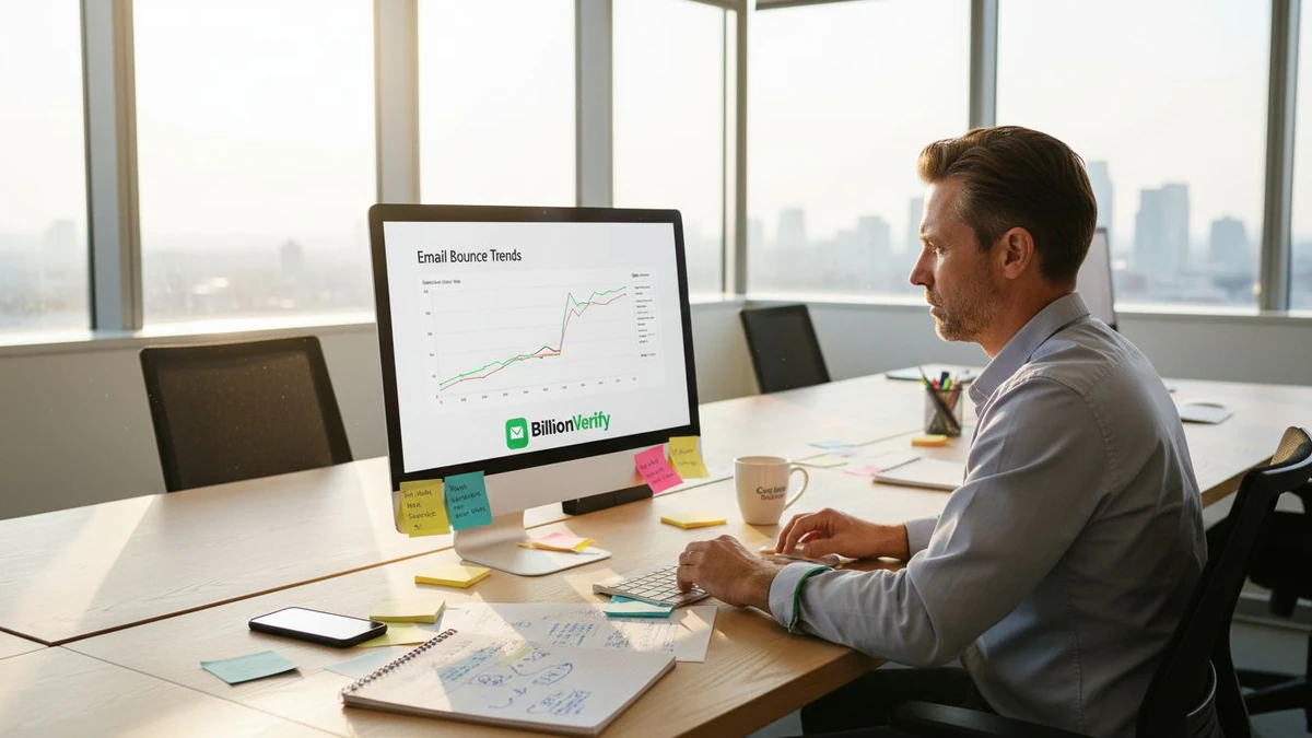 Homme à son bureau examinant un graphique des tendances de rebond de la vérification email Pipedrive