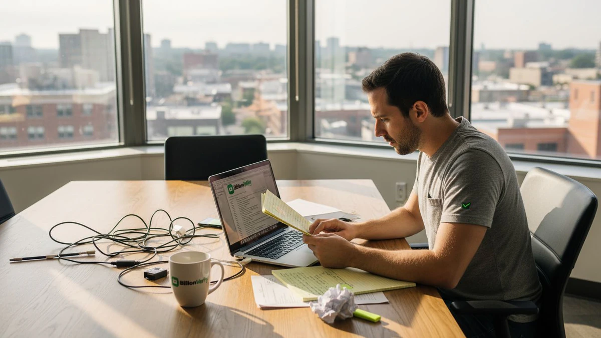 Man reviewing handwritten notes at a desk with a laptop and coffee mug for email copywriting