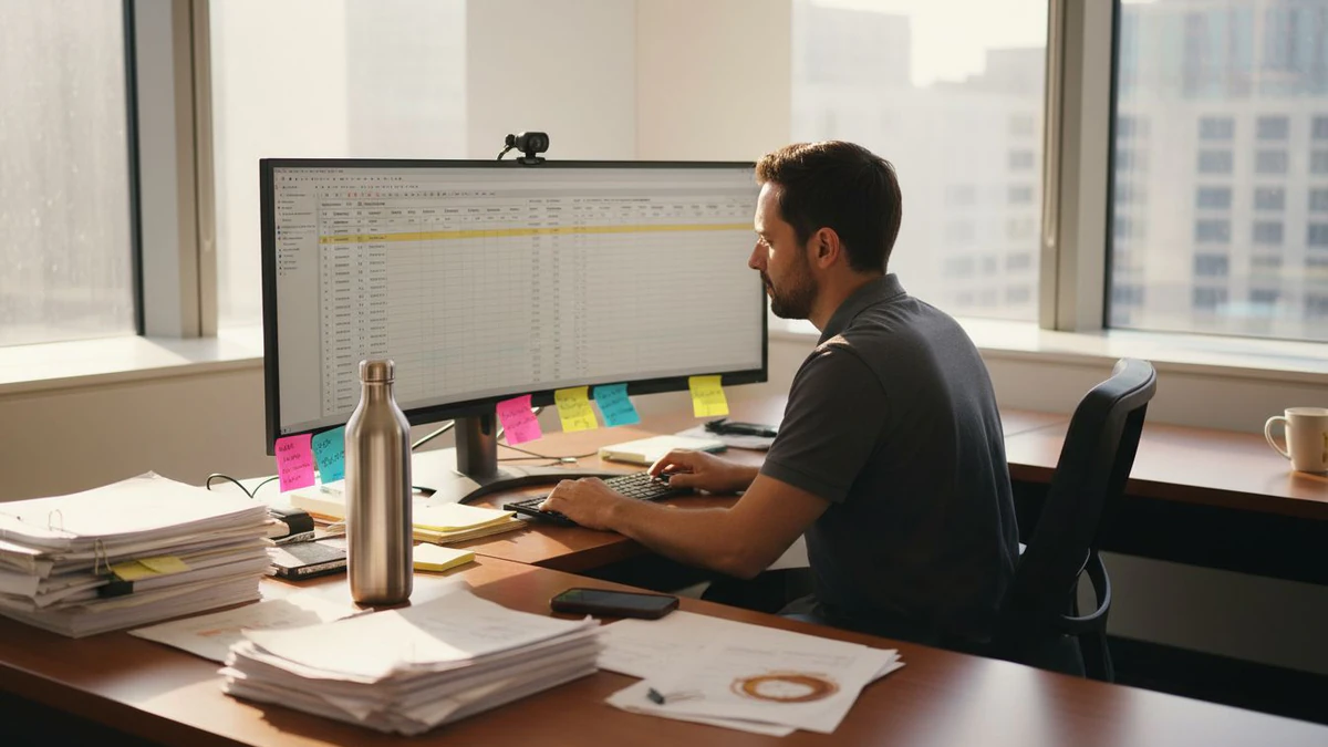 Man reviewing email data protection spreadsheets at a cluttered office desk