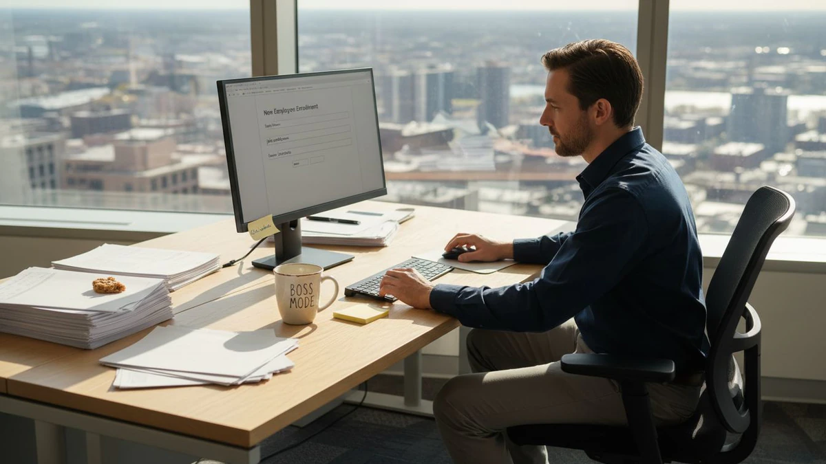 Man at a city-view office desk using a computer for Integrately email verification