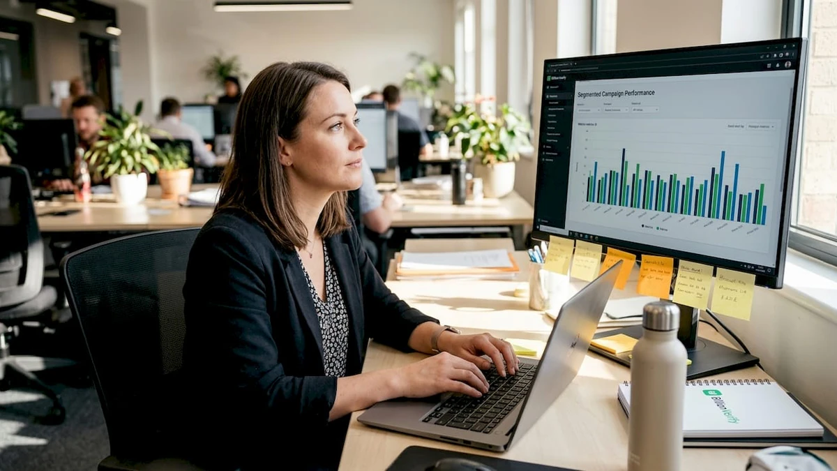 Marketer alla scrivania che esamina sul monitor le statistiche di personalizzazione delle cold email