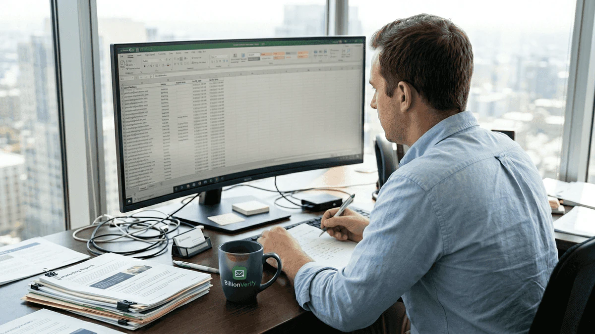 Marketer at a high-rise office desk reviewing MX record validation results in a spreadsheet