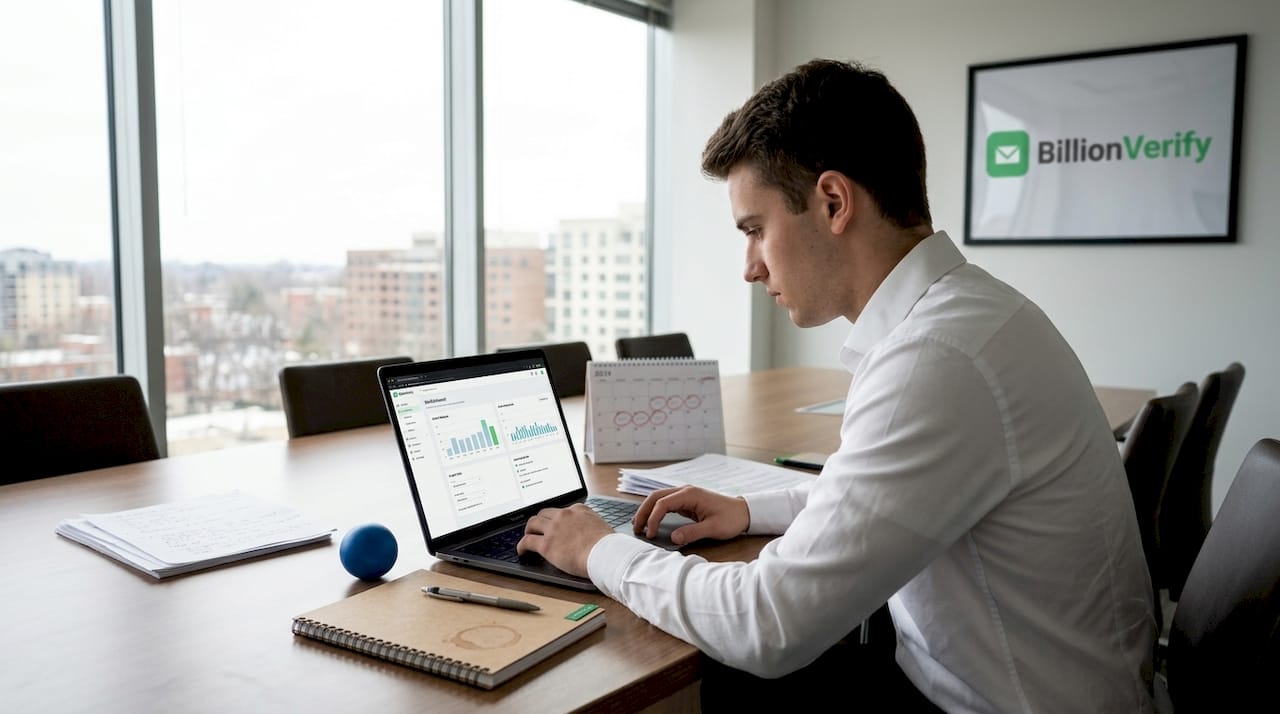 Marketer managing send schedule on laptop