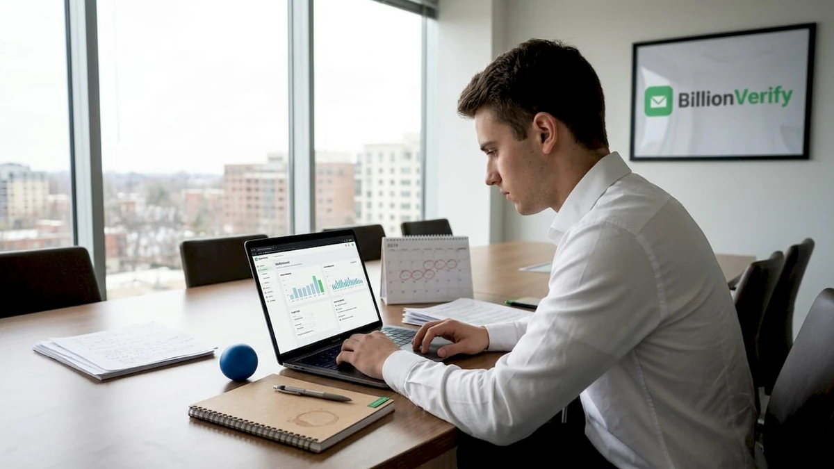 Marketer managing send schedule on laptop