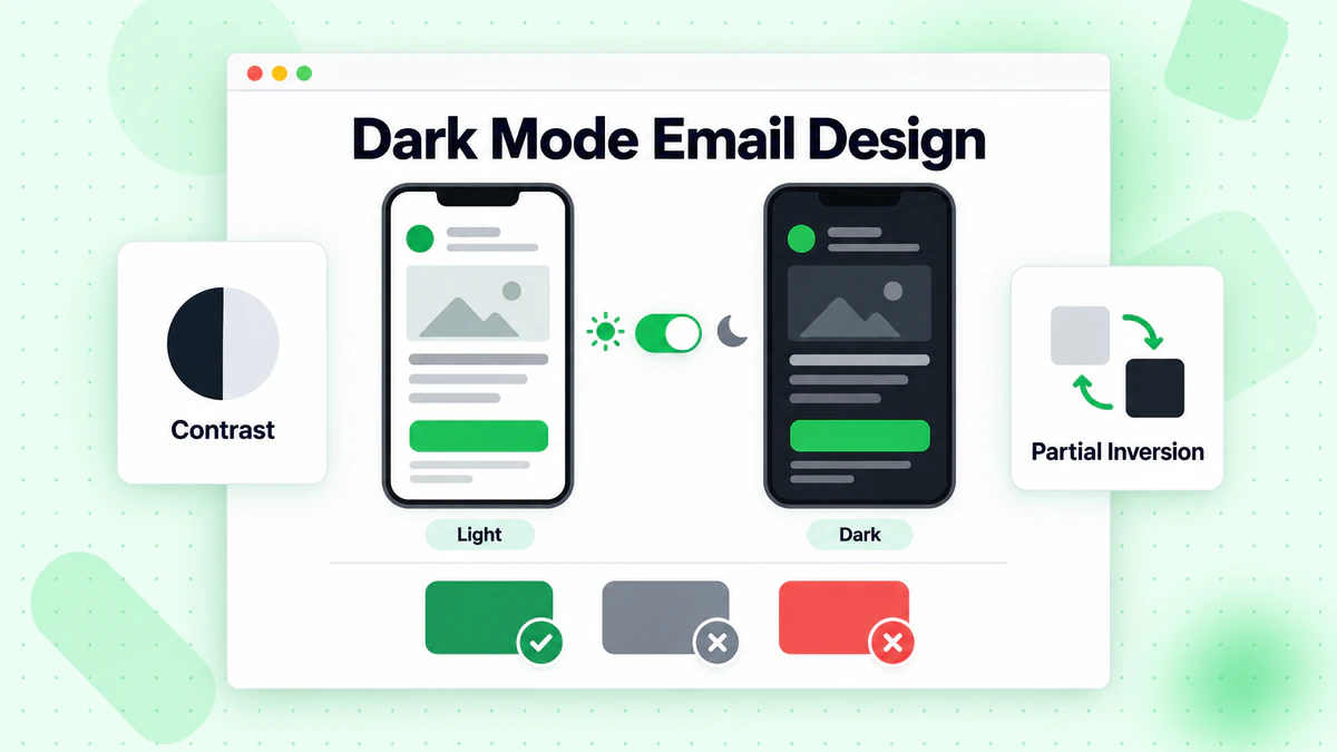 Dark mode email design: the same email previewed on light and dark phone screens with a toggle