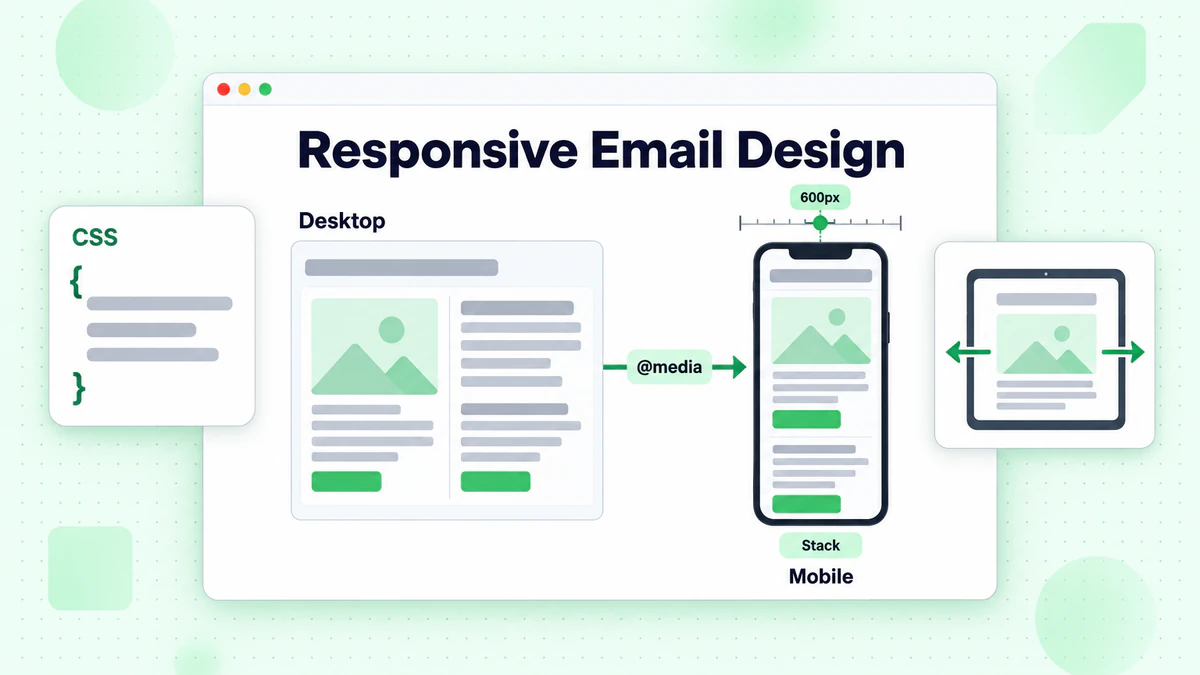 Responsive email design: desktop two-column layout stacking into one column on mobile at 600px