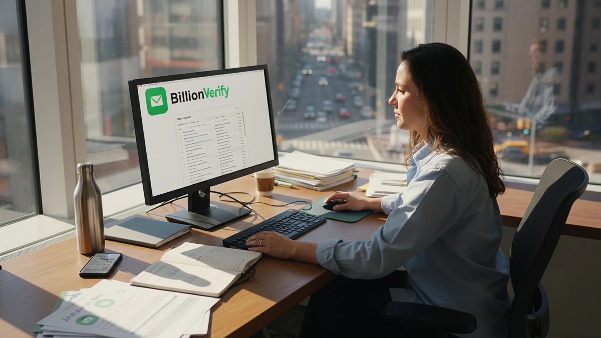 Woman at a window desk comparing must-have email marketing tools on a BillionVerify monitor