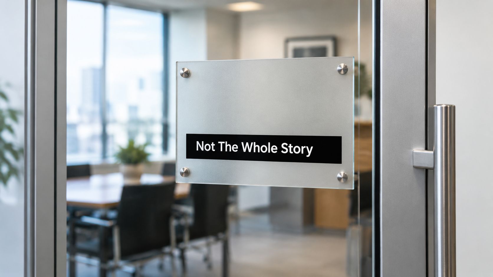 A glass door in an office setting with a sign that reads Not The Whole Story.