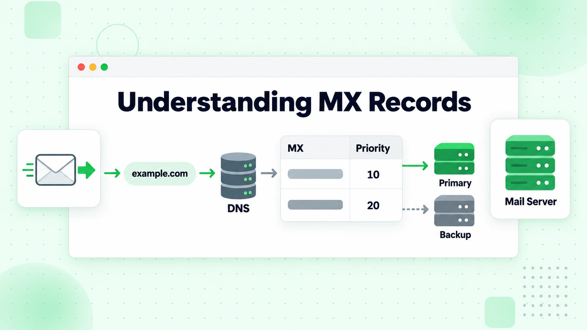 Understanding MX records: DNS lookup for example.com returns primary and backup mail servers by priority