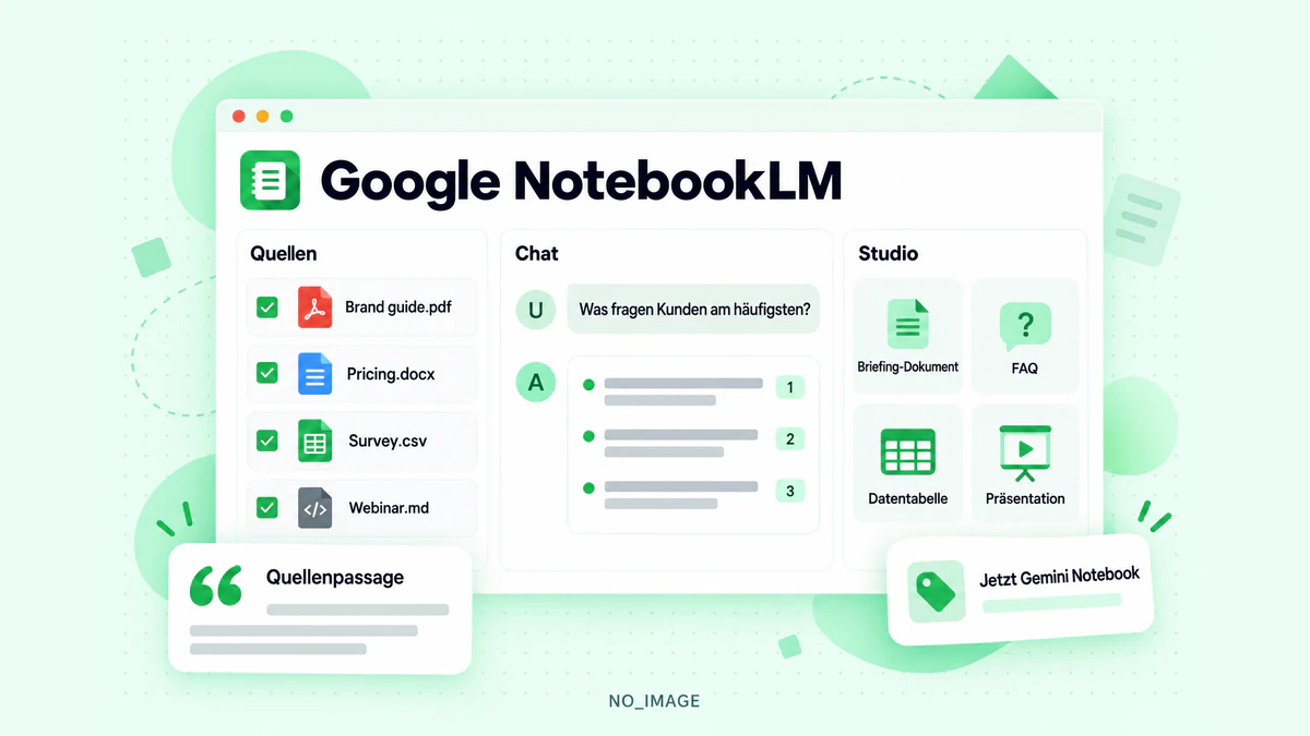 Google-NotebookLM-Notizbuch mit einem Quellenbereich, einer Chat-Antwort mit nummerierten Zitaten und einem Studio-Bereich mit Ausgaben