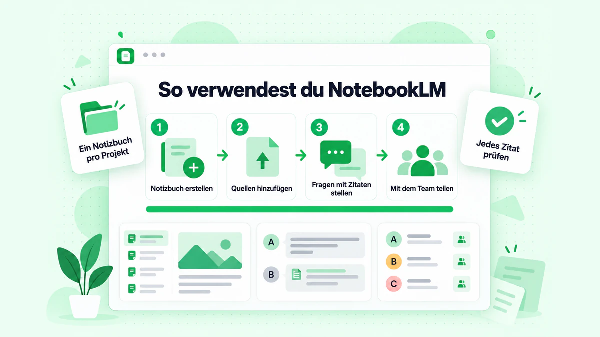 So verwendest du NotebookLM in vier Schritten: Notizbuch erstellen, Quellen hinzufügen, Fragen mit Zitaten stellen und mit dem Team teilen