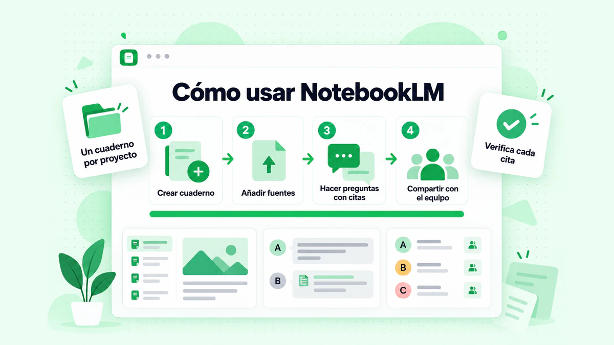 Cómo usar NotebookLM en cuatro pasos: crear un cuaderno, añadir fuentes, hacer preguntas con citas y compartirlo con el equipo