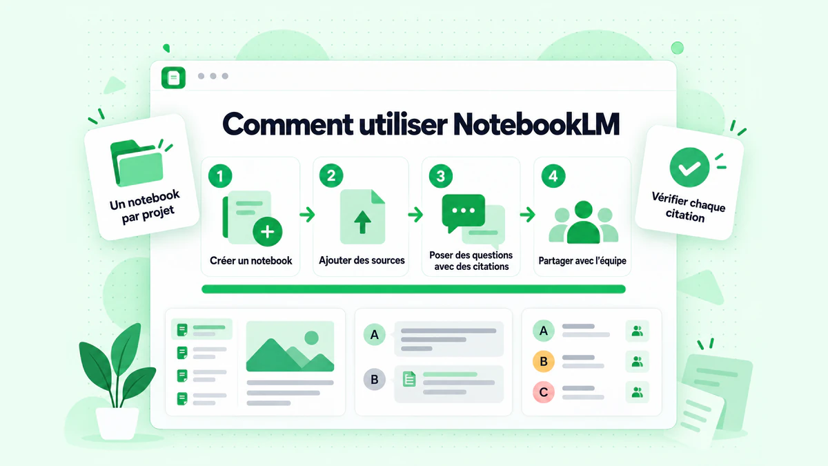 Comment utiliser NotebookLM en quatre étapes : créer un notebook, ajouter des sources, poser des questions avec des citations et partager avec l’équipe