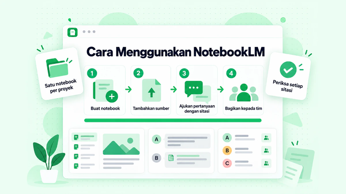 Cara menggunakan NotebookLM dalam empat langkah: buat notebook, tambahkan sumber, ajukan pertanyaan dengan sitasi, dan bagikan kepada tim