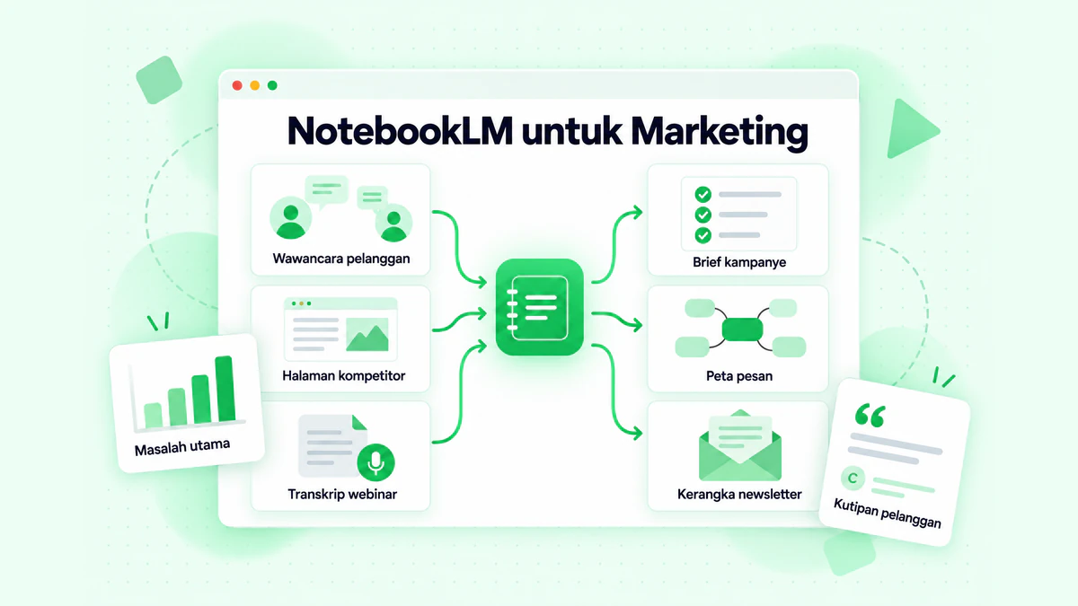 NotebookLM untuk Marketing: wawancara pelanggan, halaman kompetitor, dan transkrip webinar yang diubah menjadi brief kampanye, peta pesan, dan kerangka newsletter