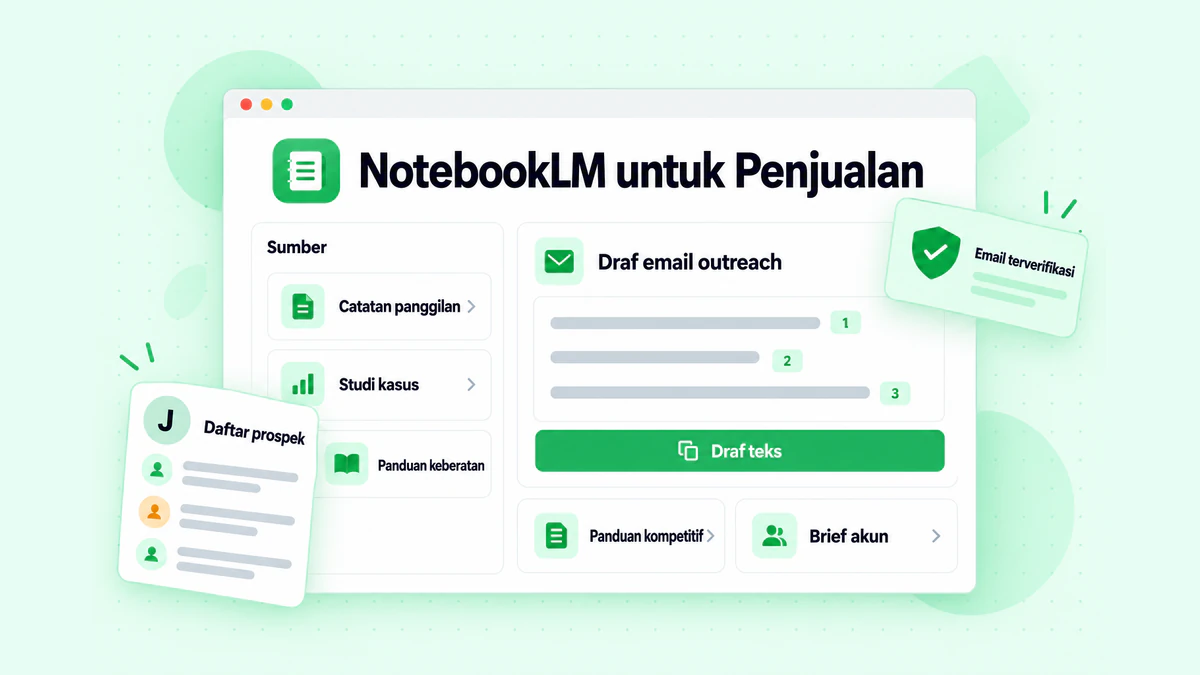 NotebookLM untuk Penjualan: catatan panggilan, studi kasus, dan panduan keberatan diubah menjadi draf email outreach dengan sitasi untuk daftar prospek terverifikasi