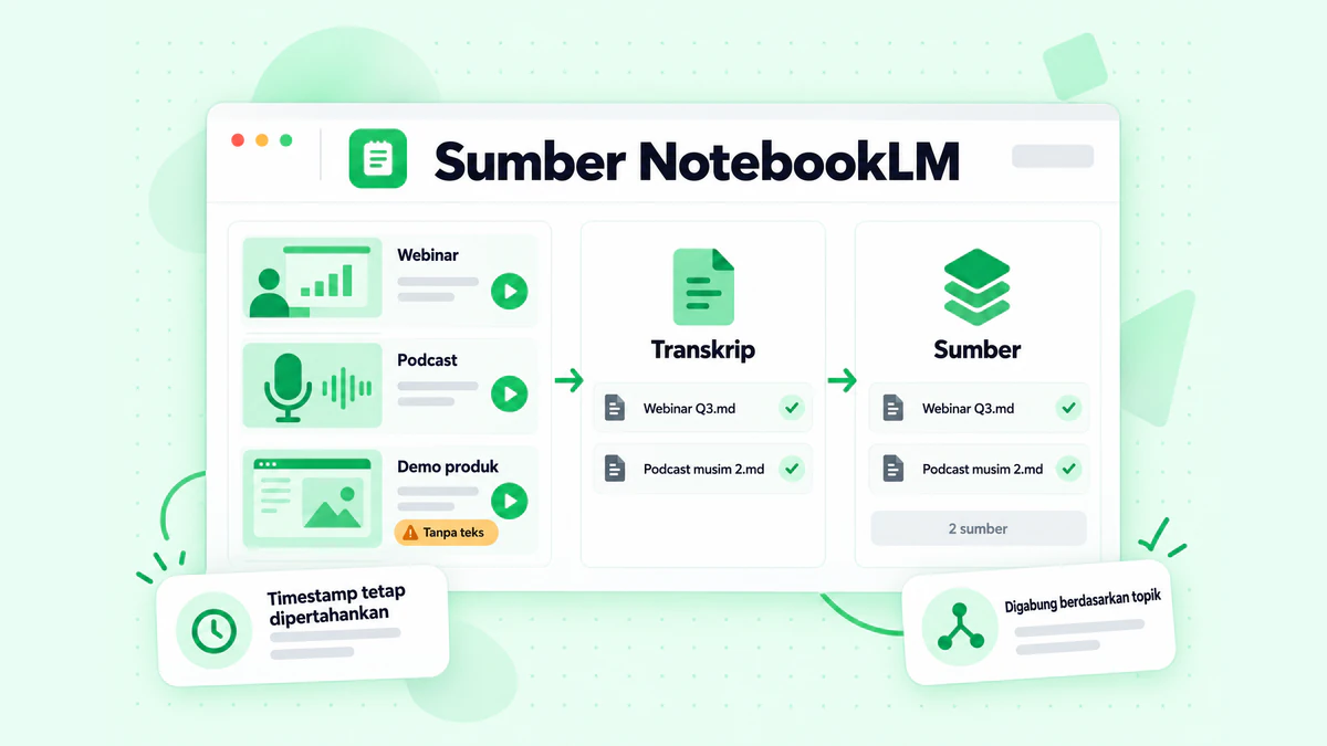 Sumber NotebookLM: rekaman webinar, podcast, dan demo produk diubah menjadi file transkrip gabungan lalu ditambahkan ke notebook