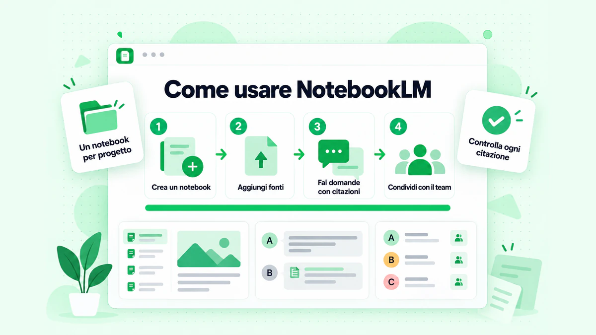 Come usare NotebookLM in quattro passaggi: crea un notebook, aggiungi fonti, fai domande con citazioni e condividi con il team