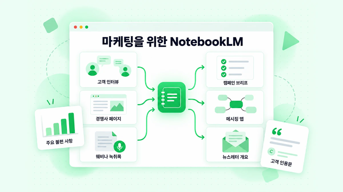 마케팅을 위한 NotebookLM: 고객 인터뷰, 경쟁사 페이지 및 웨비나 녹취록을 캠페인 브리프, 메시징 맵 및 뉴스레터 개요로 전환