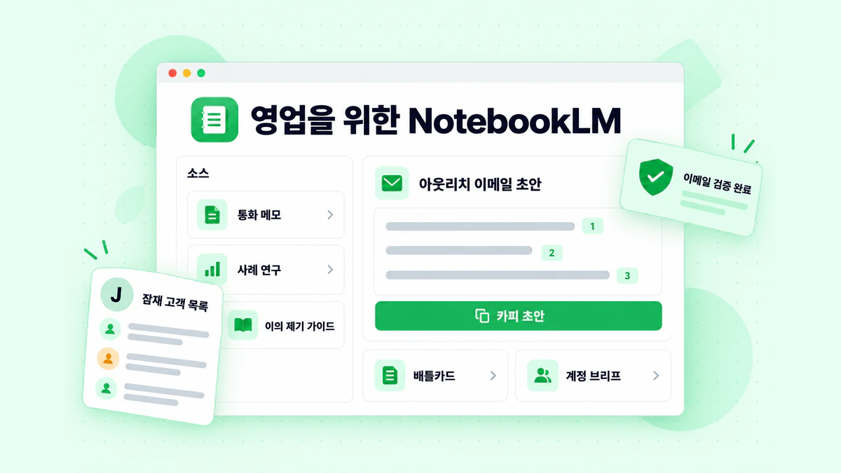 영업을 위한 NotebookLM: 통화 메모, 사례 연구 및 이의 제기 가이드를 검증된 잠재 고객 목록을 위한 출처가 명시된 아웃리치 이메일 초안으로 전환