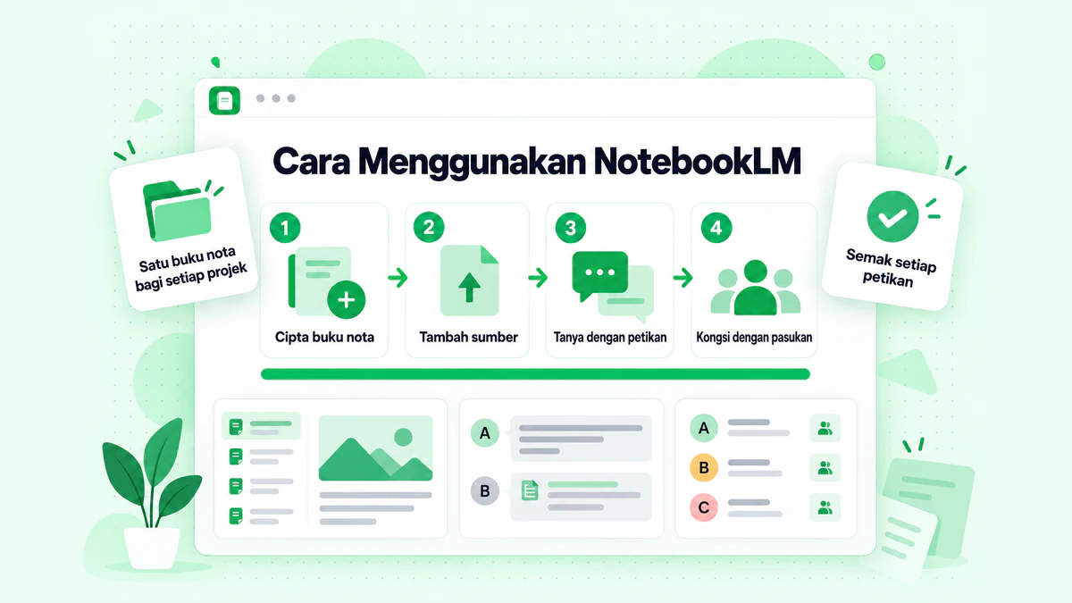 Cara menggunakan NotebookLM dalam empat langkah: cipta buku nota, tambah sumber, tanya dengan petikan dan kongsi dengan pasukan