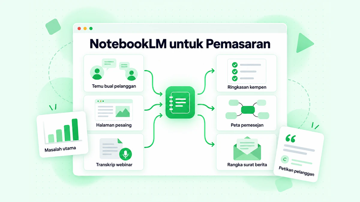 NotebookLM untuk Pemasaran: temu bual pelanggan, halaman pesaing dan transkrip webinar ditukar menjadi ringkasan kempen, peta pemesejan dan rangka surat berita
