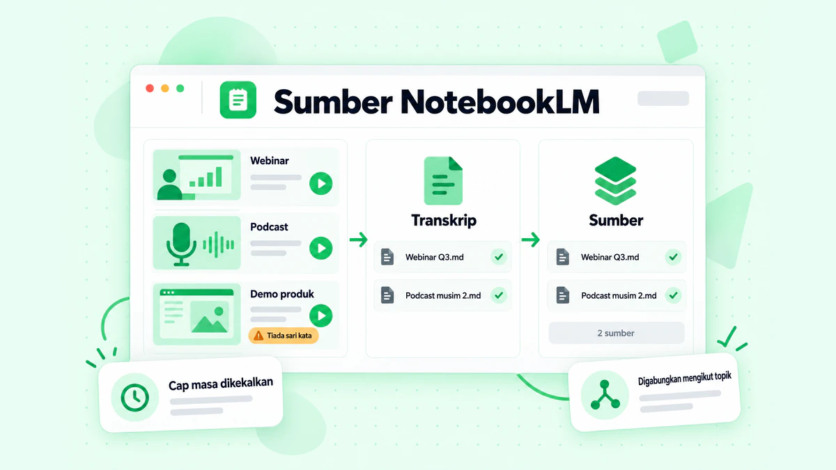 Sumber NotebookLM: rakaman webinar, podcast dan demo produk ditukarkan menjadi fail transkrip yang digabungkan dan ditambahkan ke dalam buku nota