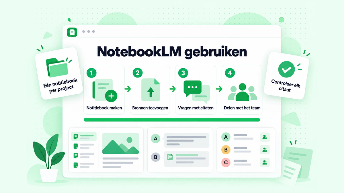 NotebookLM gebruiken in vier stappen: maak een notitieboek, voeg bronnen toe, stel vragen met citaten en deel het met het team