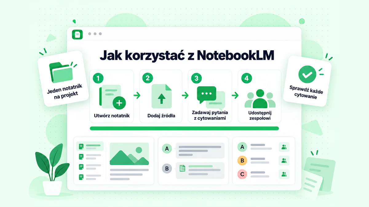 Jak korzystać z NotebookLM w czterech krokach: utwórz notatnik, dodaj źródła, zadawaj pytania z cytowaniami i udostępnij go zespołowi