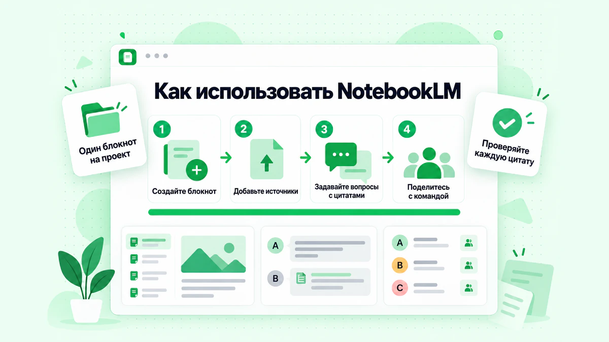 Как использовать NotebookLM за четыре шага: создайте блокнот, добавьте источники, задавайте вопросы с цитатами и поделитесь с командой