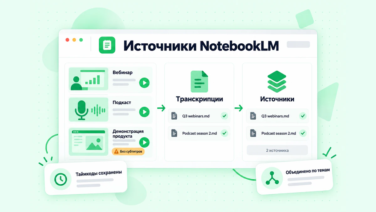 Источники NotebookLM: записи вебинаров, подкастов и демонстраций продуктов, преобразованные в объединённые файлы транскрипций и добавленные в блокнот