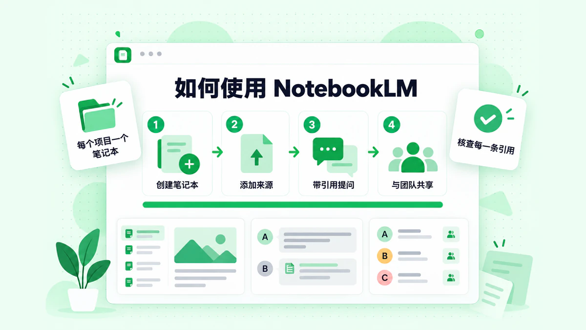 如何分四步使用 NotebookLM：创建笔记本、添加来源、带引用提问并与团队共享