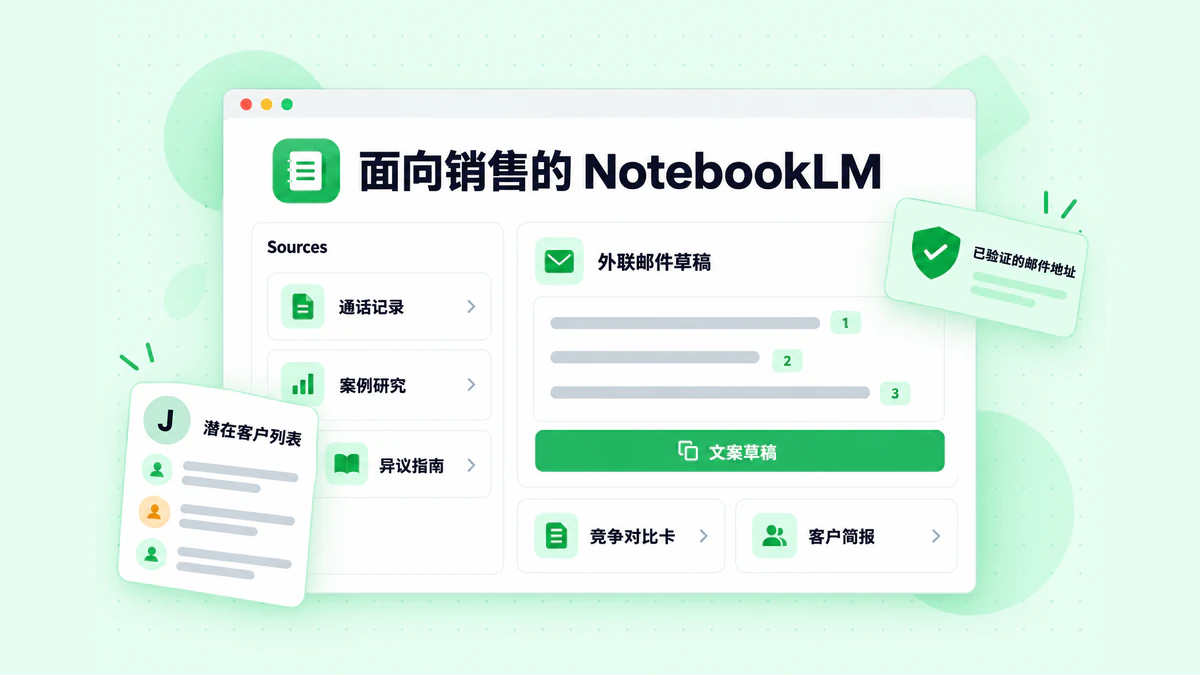面向销售的 NotebookLM：将通话记录、案例研究和异议指南转化为一封带引用的外联邮件草稿，面向已验证的潜在客户列表