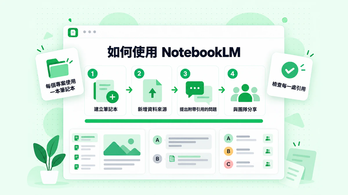 如何在 4 個步驟中使用 NotebookLM：建立筆記本、加入資料來源、提出附帶引用的問題，並與團隊分享