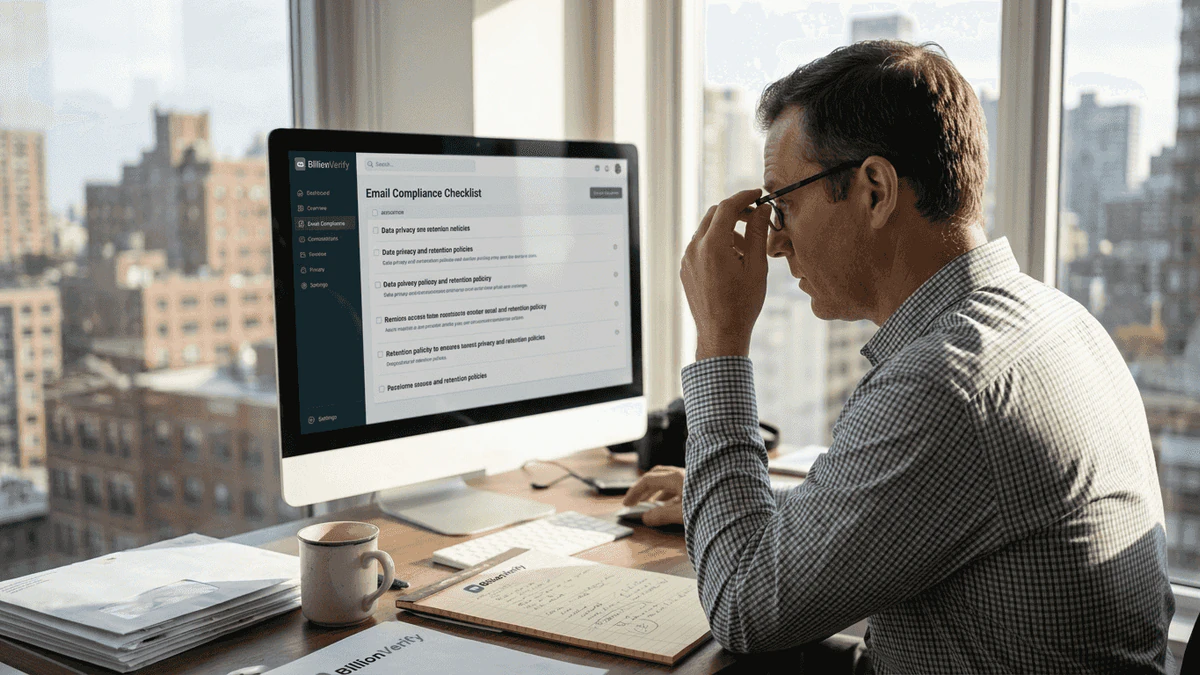 Man in glasses reviewing an email compliance checklist on his monitor in a high-rise office