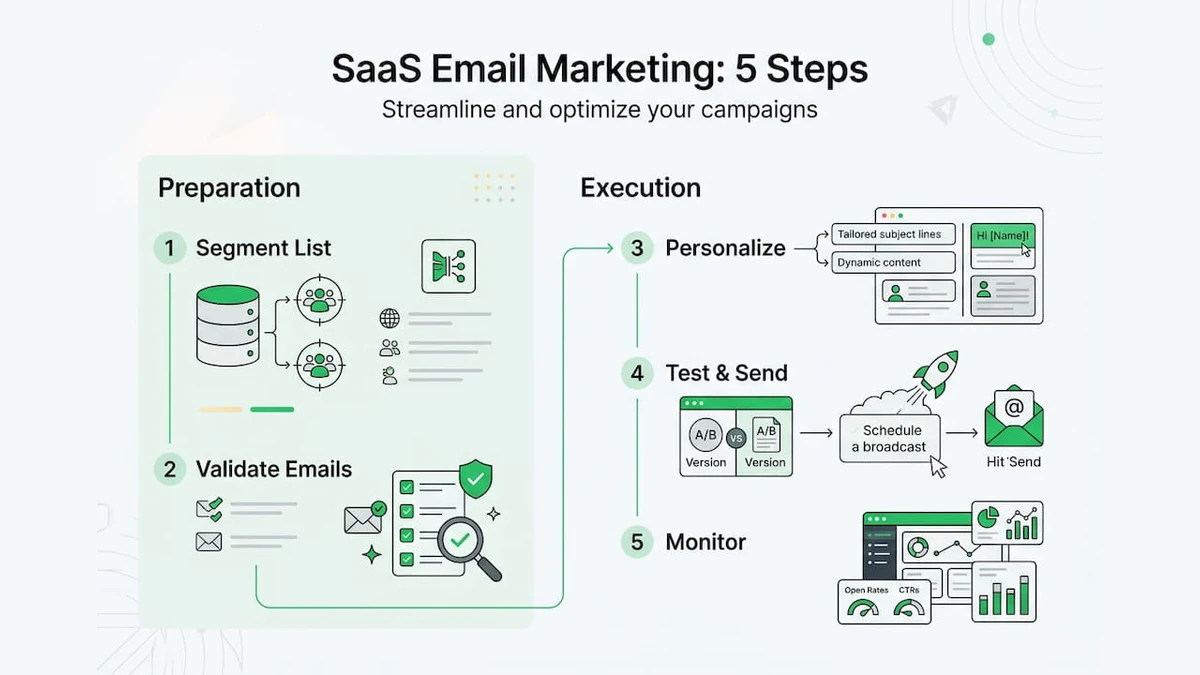 Infographic outlining 5 steps to SaaS email marketing