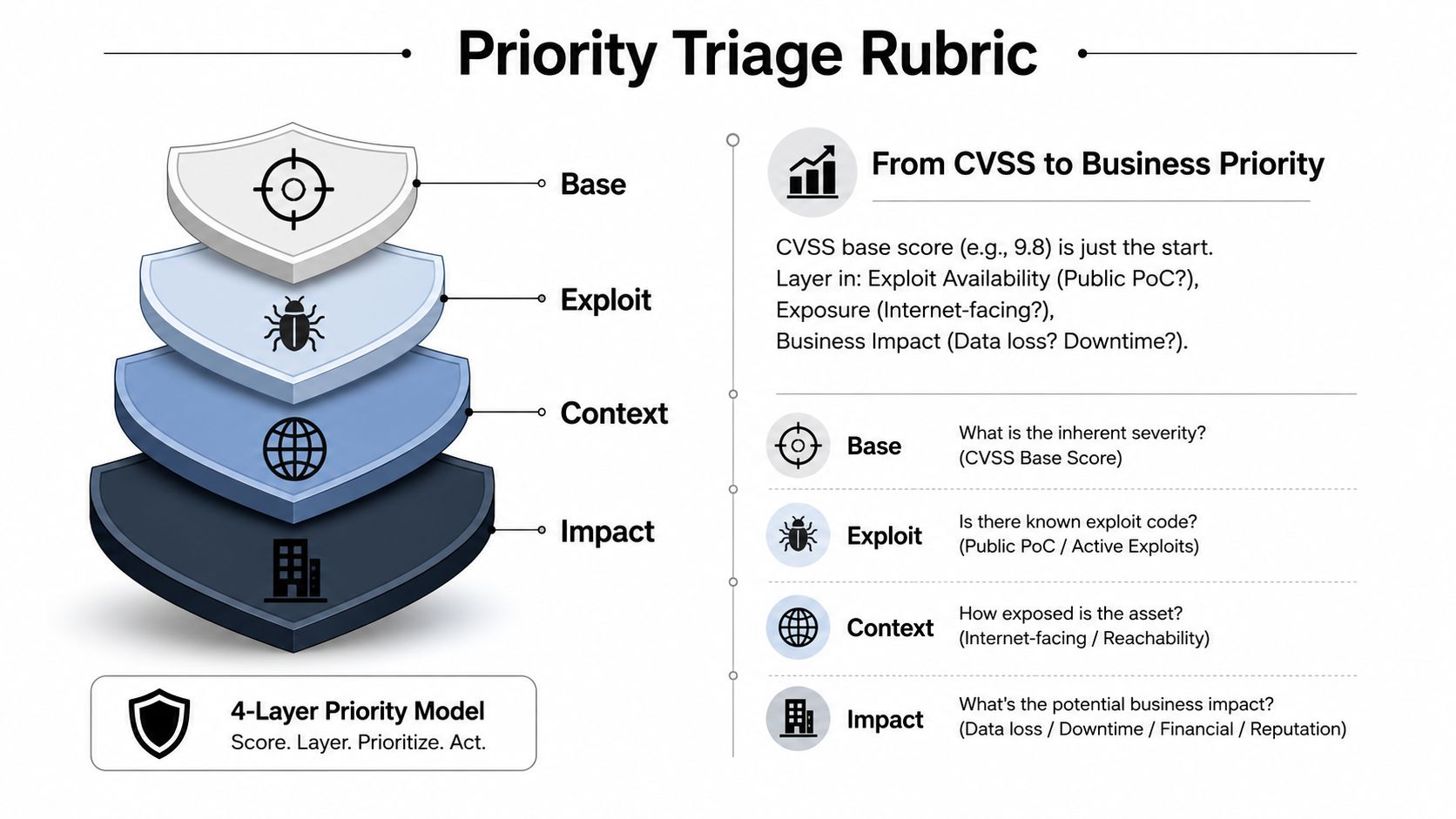 A 4-layer priority triage rubric chart explaining how to assess cybersecurity vulnerabilities and business impact.