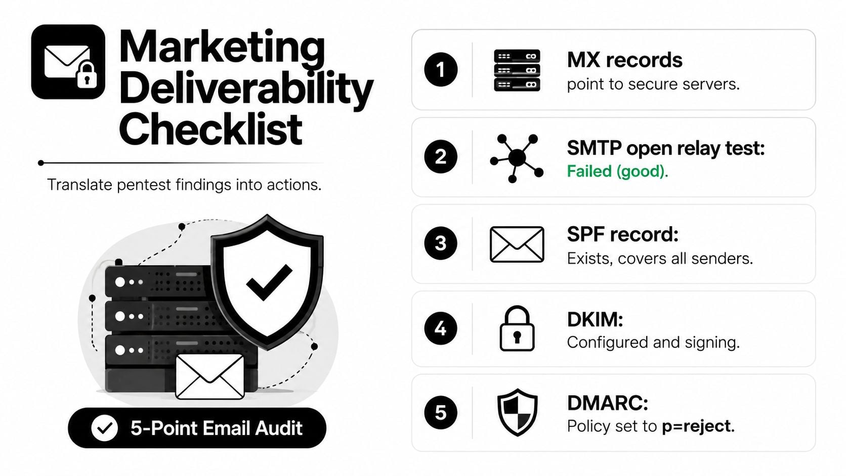 A marketing email deliverability checklist showing five essential security audit steps for email infrastructure protection.