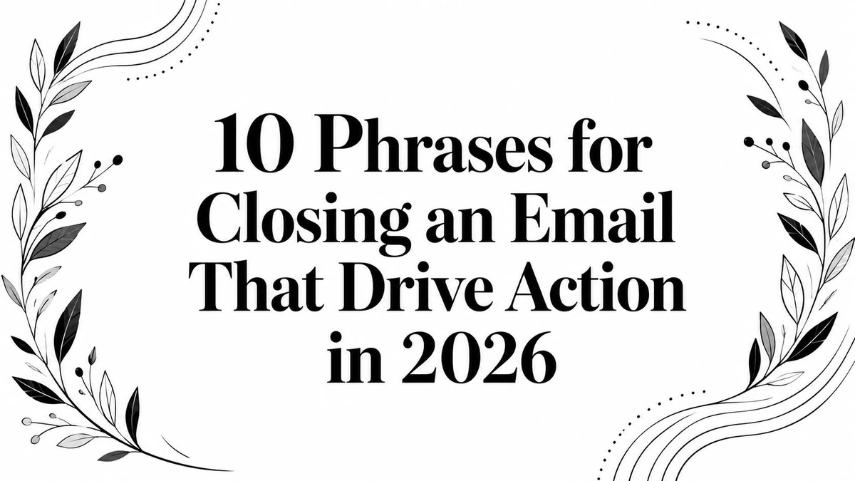Title card reading 10 Phrases for Closing an Email That Drive Action in 2026, framed by leaves