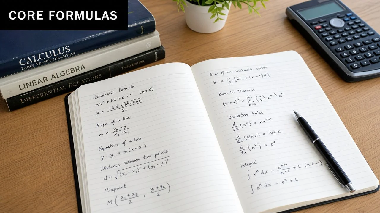 Un carnet ouvert sur une page affichant diverses formules mathématiques manuscrites sur un bureau en bois.