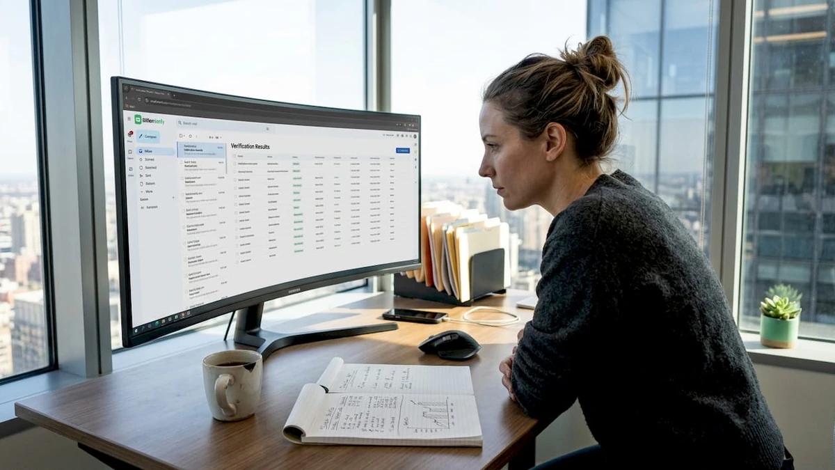 Woman at a curved monitor reviewing verification results against email verification best practices