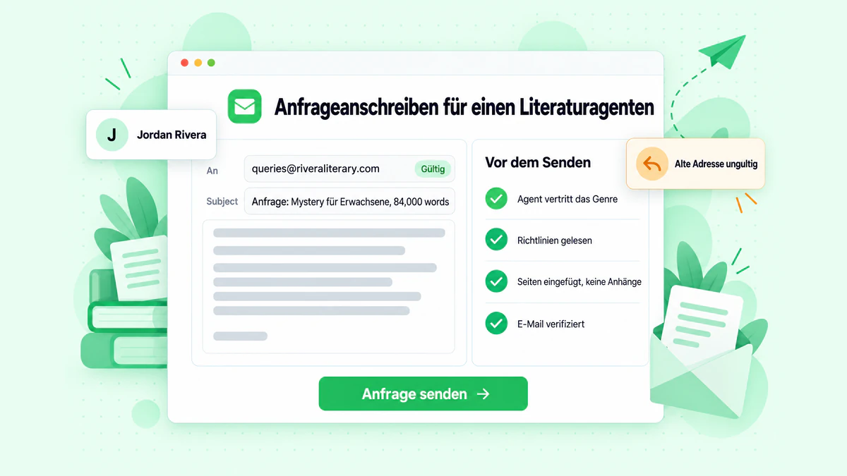 Anfrageanschreiben für einen Literaturagenten: ein E-Mail-Verfassungsfenster mit verifizierter Empfängeradresse und einer Checkliste für die Einreichung