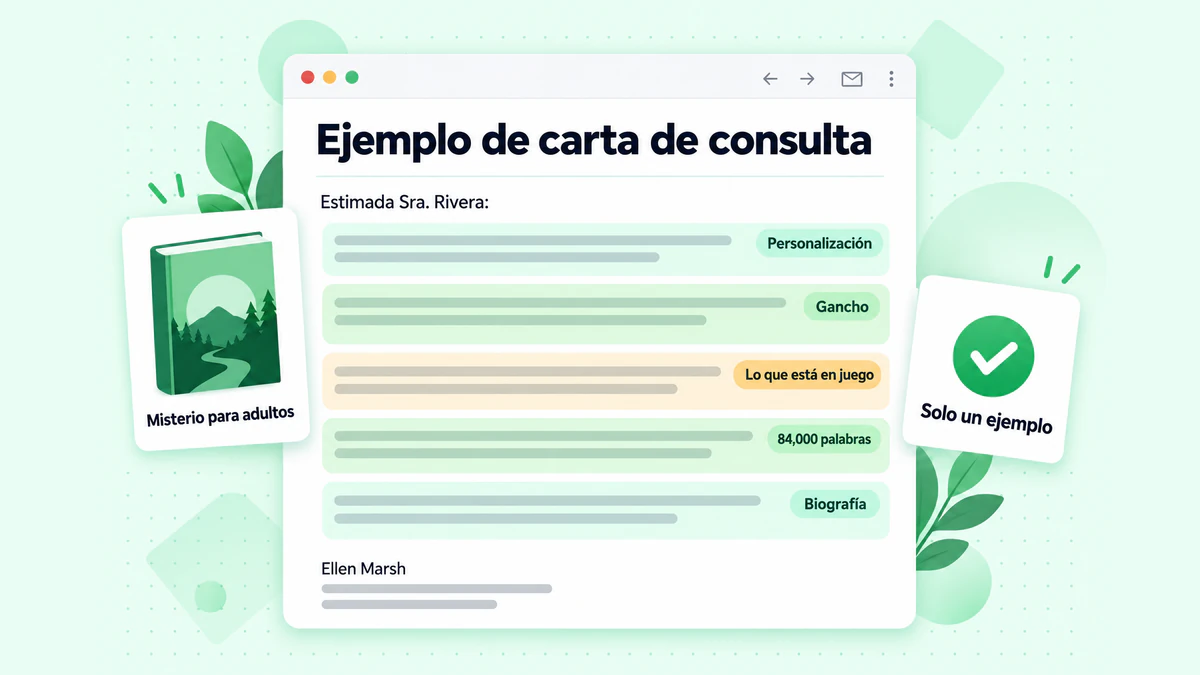 Ejemplo de carta de consulta: una consulta de ficción de muestra con la personalización, el gancho, los detalles del libro y la biografía resaltados