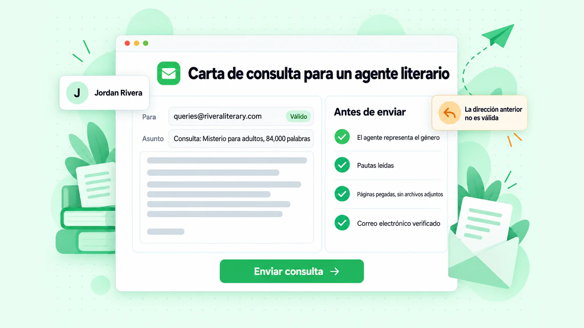 Carta de consulta para un agente literario: una ventana de redacción de correo electrónico con una dirección de destinatario verificada y una lista de comprobación de envío