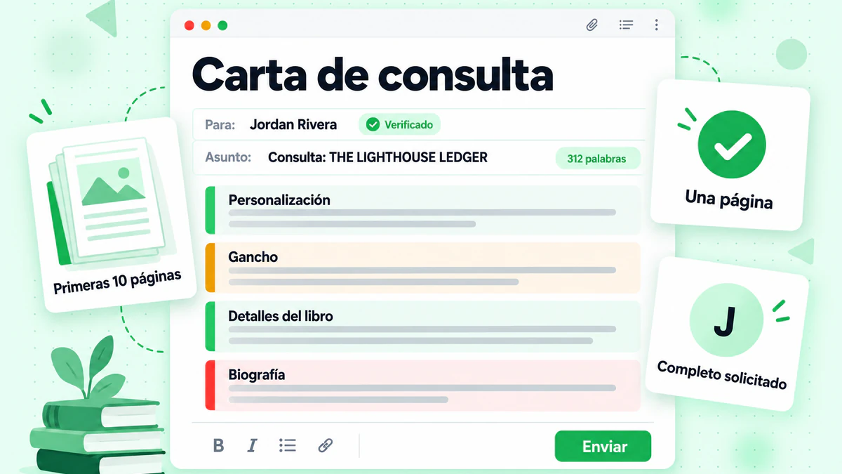Editor de cartas de consulta con personalización, gancho, detalles del libro, biografía y botón de envío