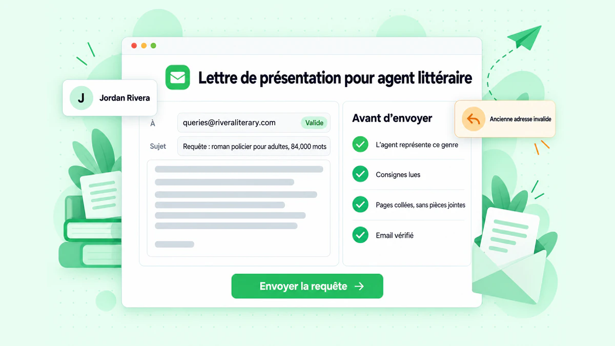 Lettre de présentation pour agent littéraire : une fenêtre de rédaction d'email avec une adresse de destinataire vérifiée et une checklist de soumission