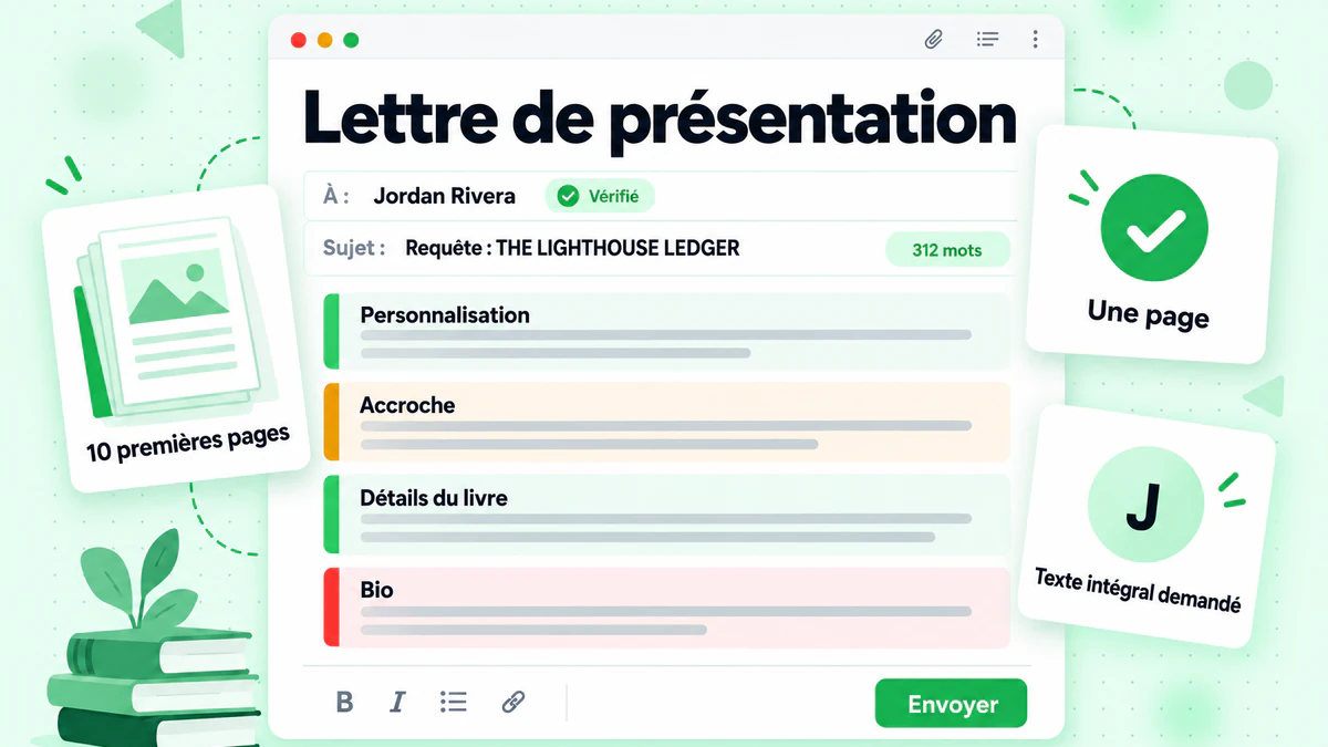 Éditeur de lettre de requête : personnalisation, accroche, détails du livre, bio et bouton d’envoi
