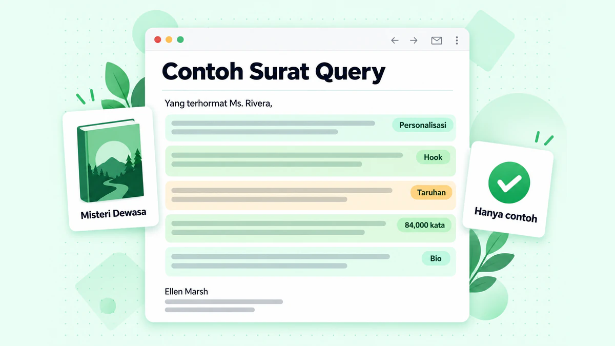 Contoh surat query: contoh query fiksi dengan personalisasi, hook, detail buku, dan biodata yang disorot