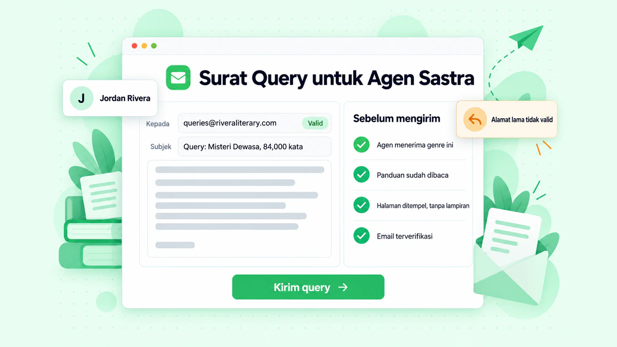 Surat query untuk agen sastra: jendela penulisan email dengan alamat penerima terverifikasi dan daftar periksa pengiriman